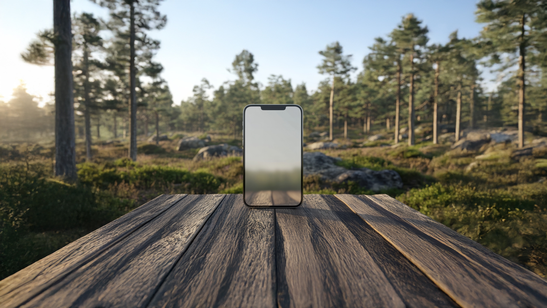 Smartphone rests on a wooden table overlooking a forest